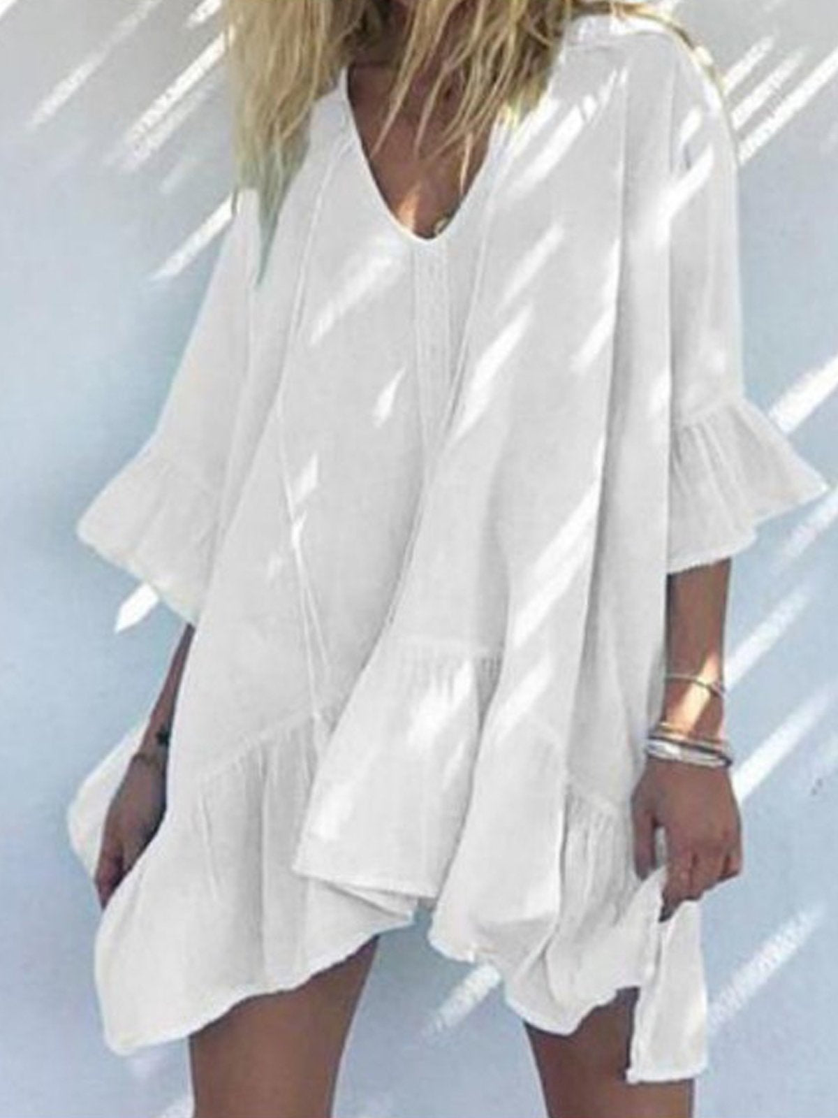 V Neck Plain Cotton Dresses