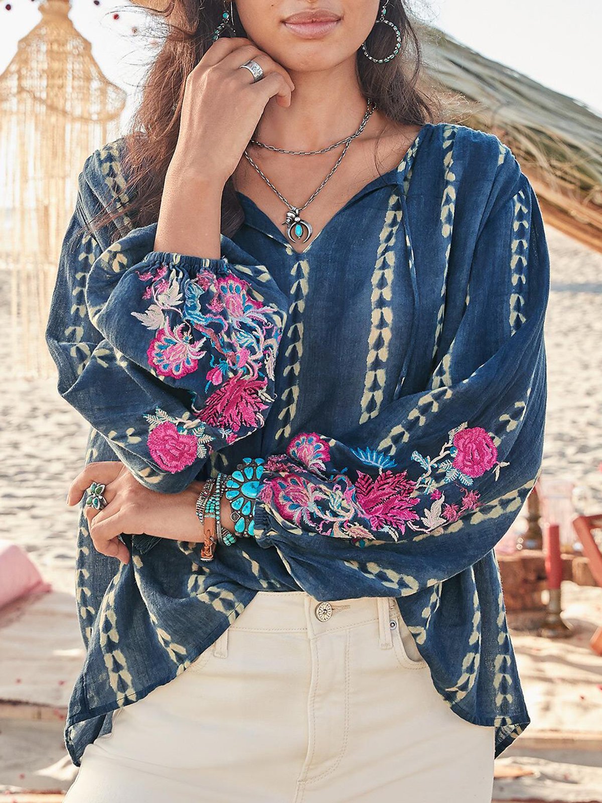 Floral V Neck Long Sleeve Shift Shirts & Tops