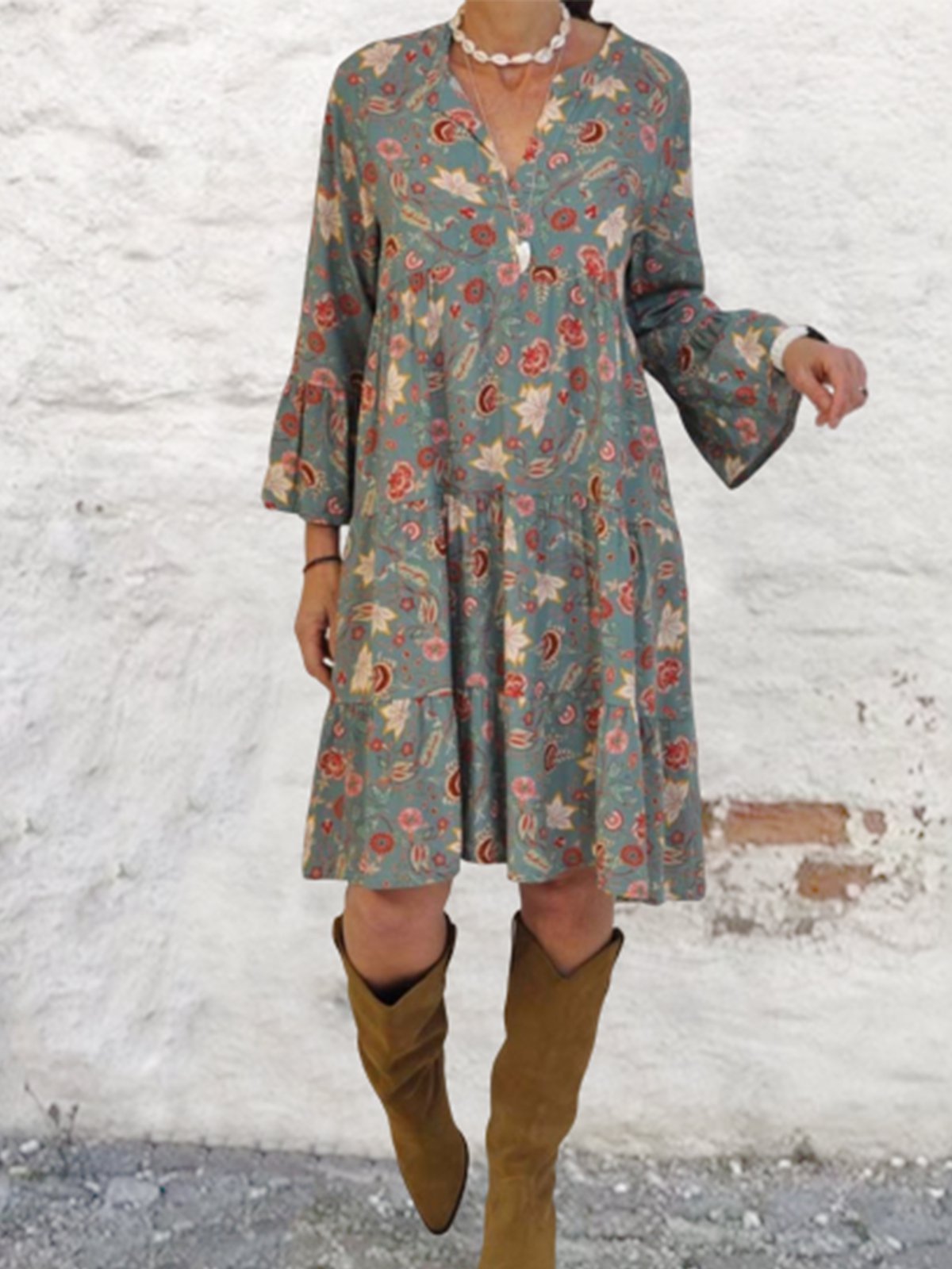 Casual Vacation Floral Vintage V-neck Summer Dress
