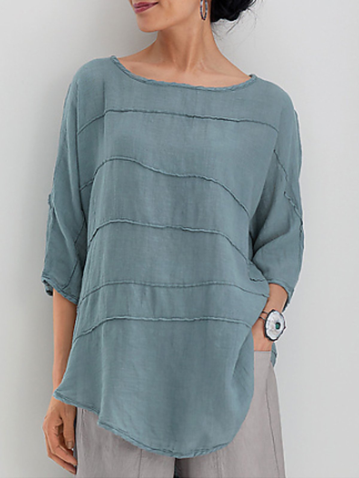 Round Neck Half Sleeve Cotton-Blend Casual Shirts & Tops