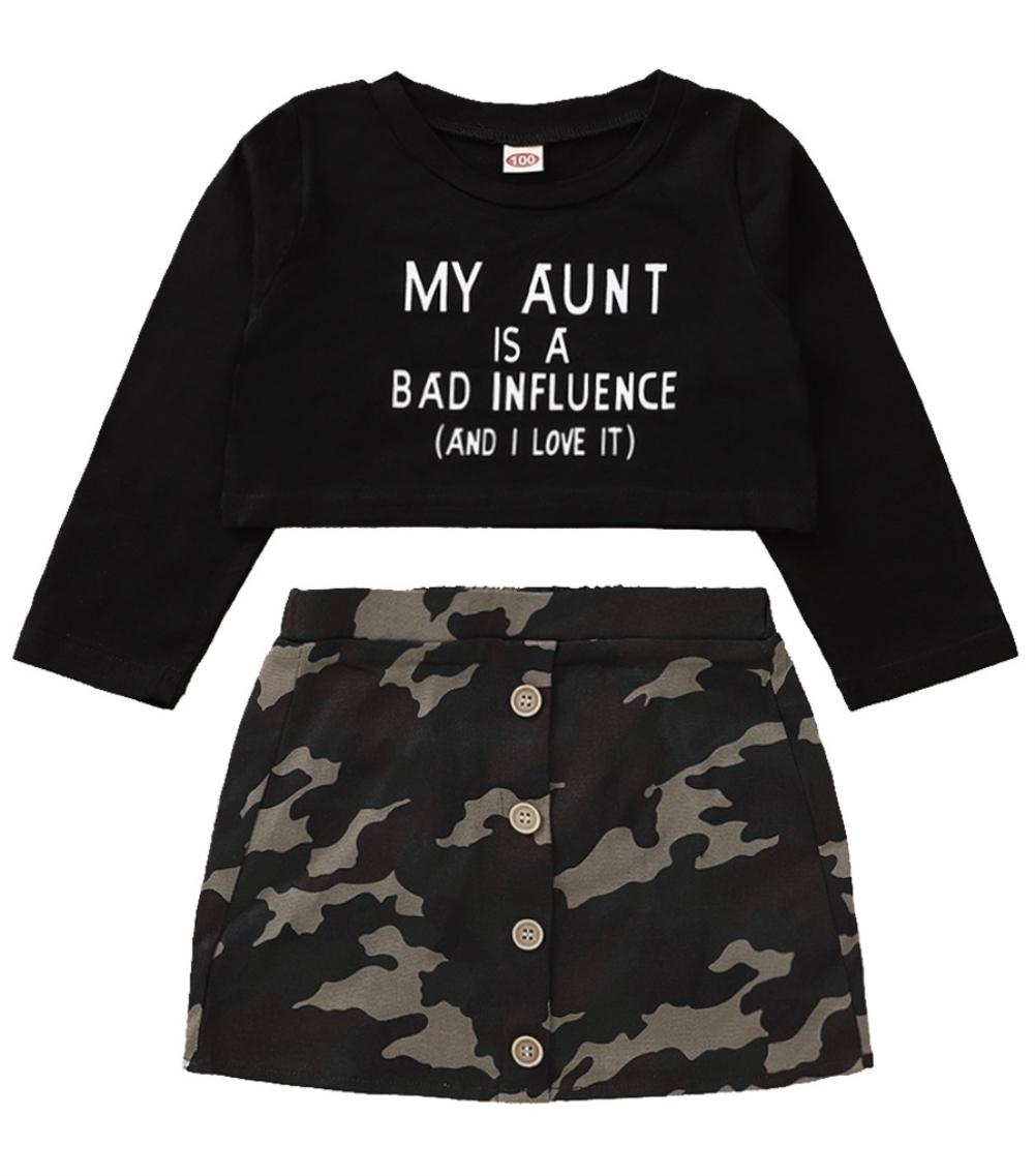 Kids Girl Autumn  Black Top and Camou Mini Skirt Set