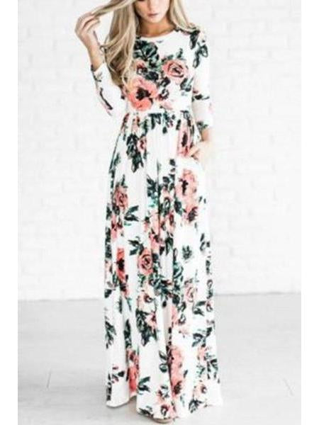 Round Neck Floral Long Sleeve Maxi Dresses