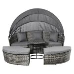 Outsunny 4 Pieces Patio PE Wicker Lounge Set, Outdoor Rattan Garden Conversation Furniture Set, Round Sofa Bed with Cannopy, Cushioned, Adjustable Coffee Table, Grey