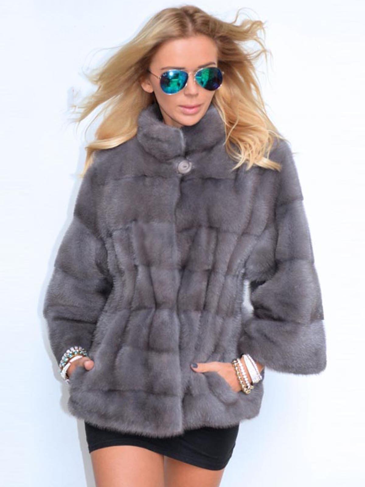 Plus Size Stand Collar Thick Faux Mink Fur Leather Parka Jacket Peacoat