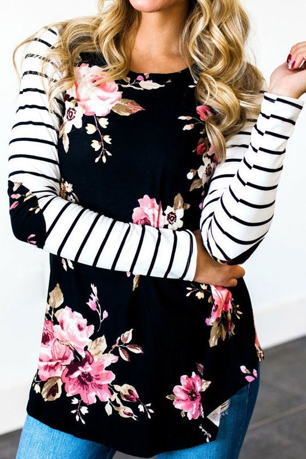 可爱花卉条纹肘部补丁舒适休闲长袖上衣