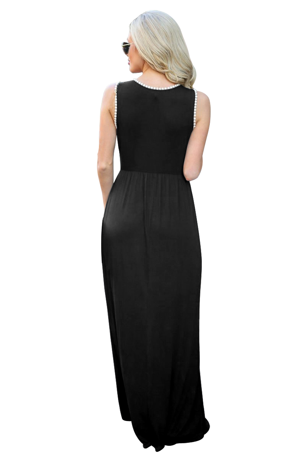 Crochet Pompom Trim Black Sleeveless Maxi Dress