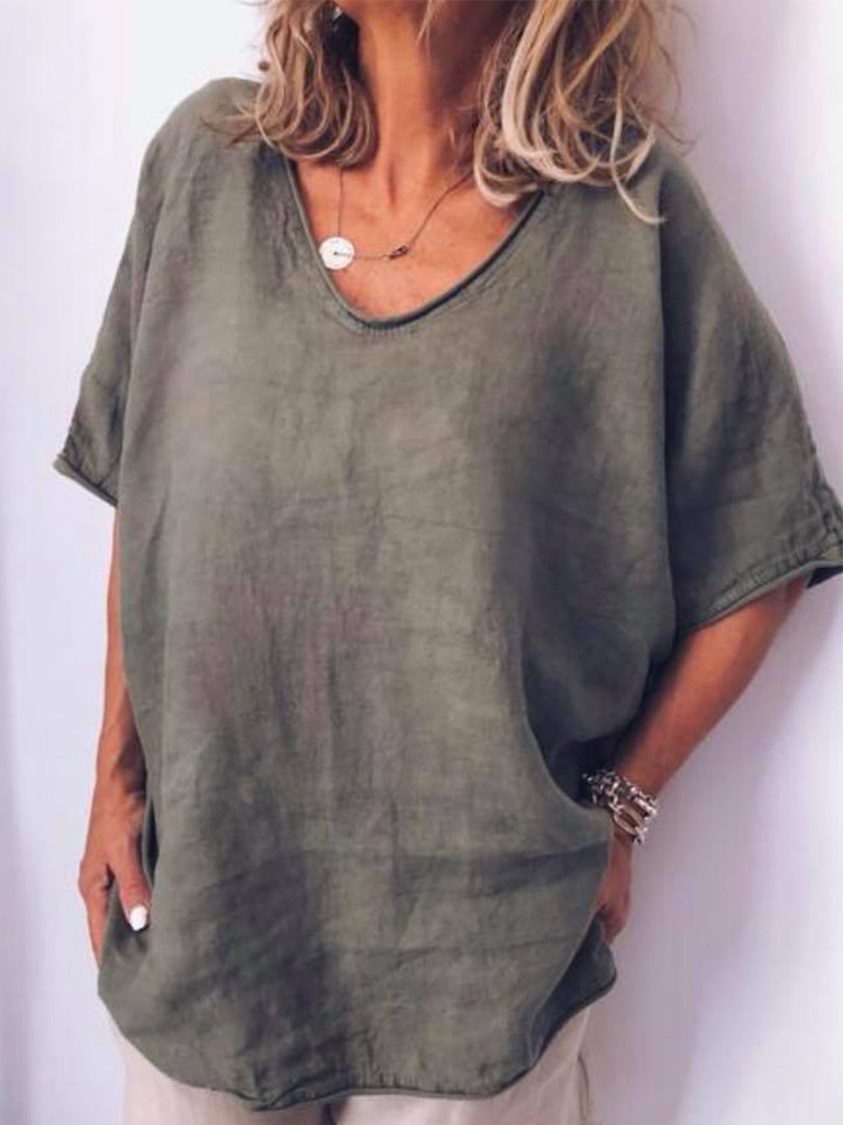 Women Thin Summer Linen Plus Size Short Sleeve Casual Tops