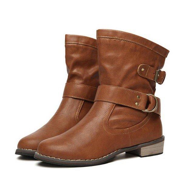 Buckle Strap Boots Women Mid-Calf Shoes
