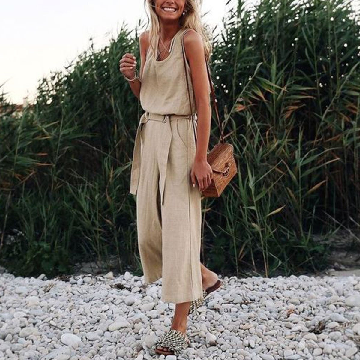 Fashion Khaki Sleeveless Vintage Jumpsuits