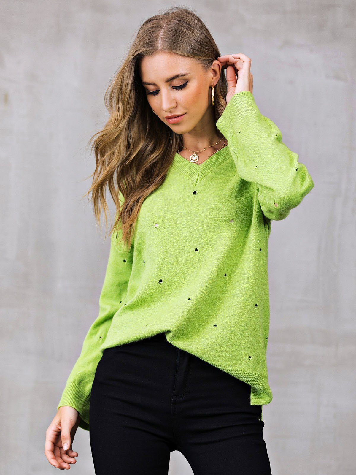 Eyelet Shift V Neck Casual Sweaters