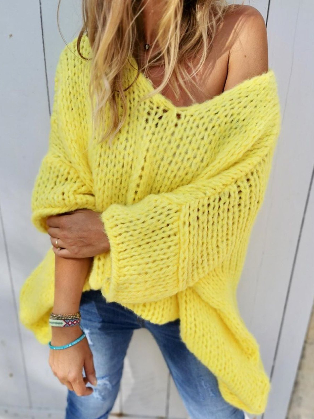 Plus Size Casual Solid Knitted V Neck Long Sleeve Sweater