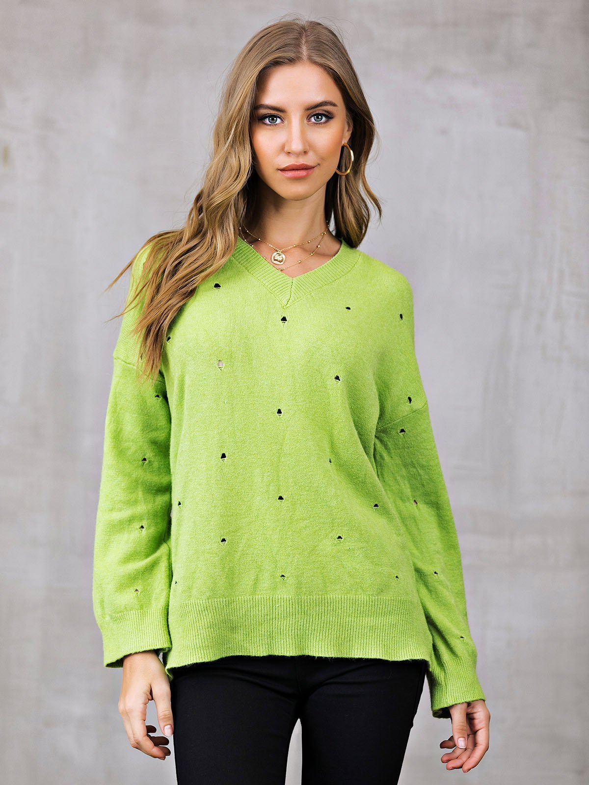 Eyelet Shift V Neck Casual Sweaters