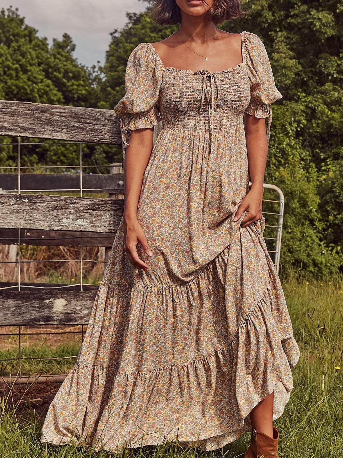 Flower Cotton-Blend Square Neck Vintage Floral Dresses