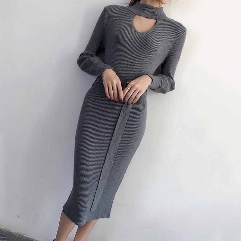 Casual Sexy Pure Color   Knitted Sweater Maxi Dresses