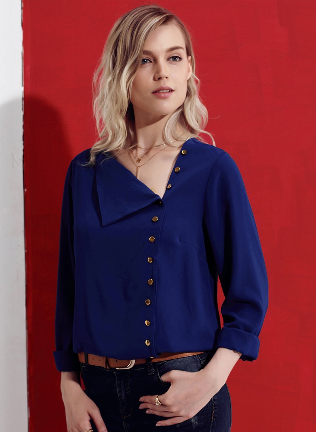 Turndown Collar Asymmetric Button Down Blouse