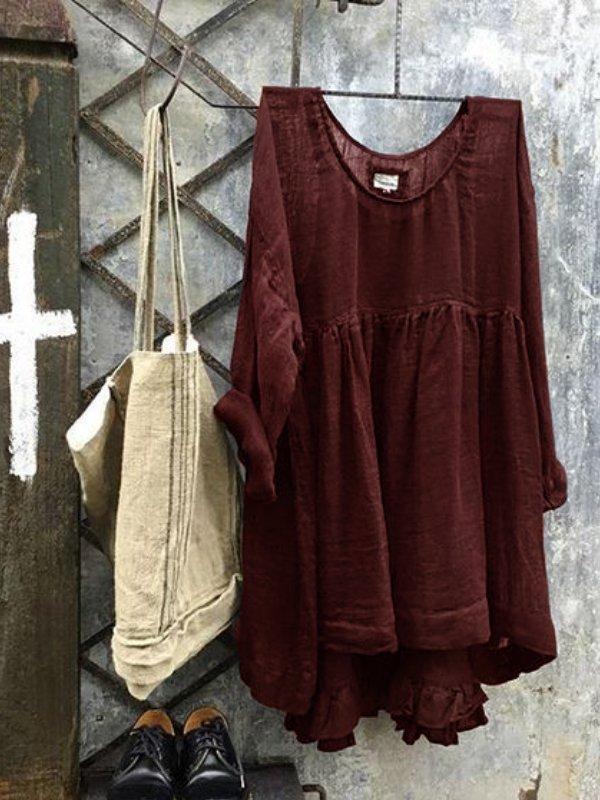 Solid Crew Neck Long Sleeve Shirts & Tops