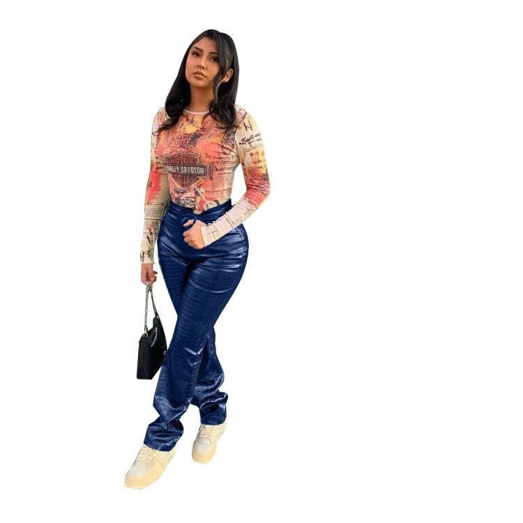 Winter Snake Skin Leather High Waist Pants