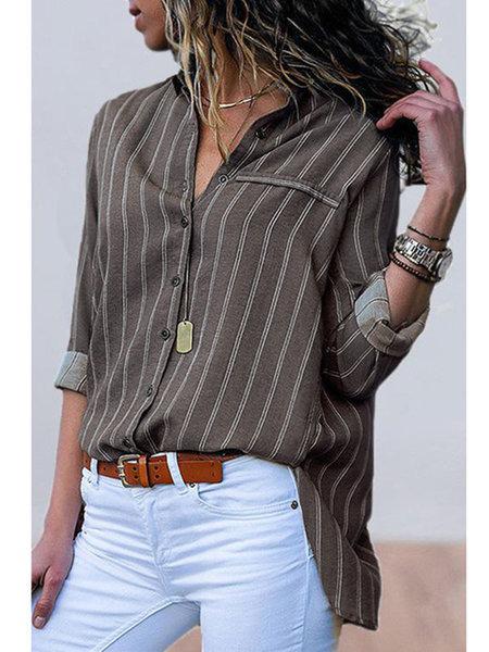 Casual Loose Striped Lapel Collar Blouses