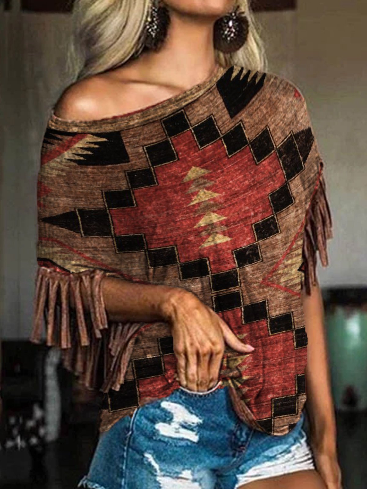 Vintage Cotton-Blend Tribal Scoop Neckline Shirts & Tops