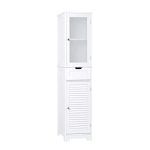 Bathroom Wooden Storage Floor Cabinet w/ Glass Shutter Doors & Adjustable Shelves