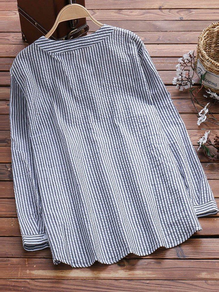 Plus Size Striped Casual Long Sleeve Blouse