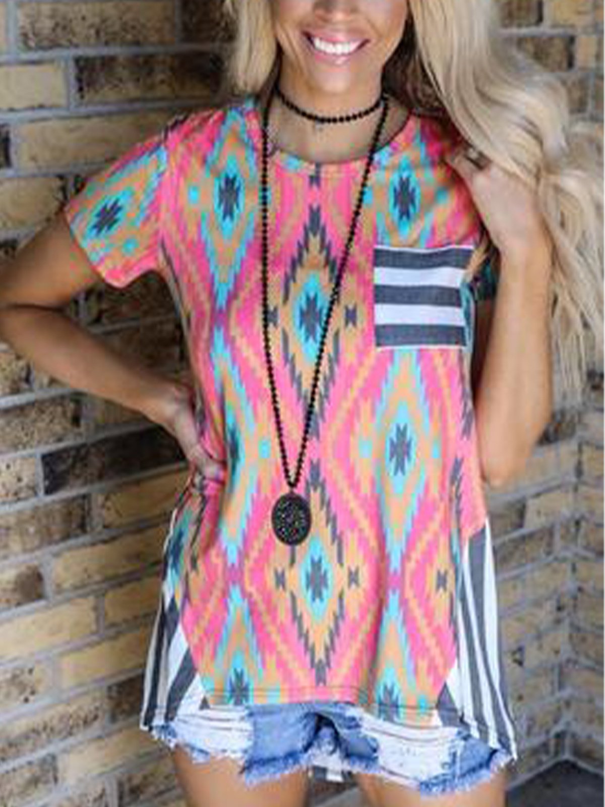 Pink Jersey Crew Neck Short Sleeve Shirts & Tops