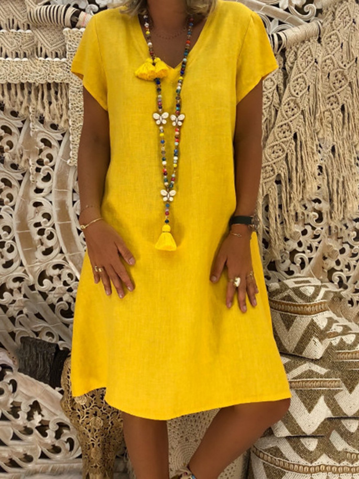 Women V-Neck Solid Summer Casual Dress