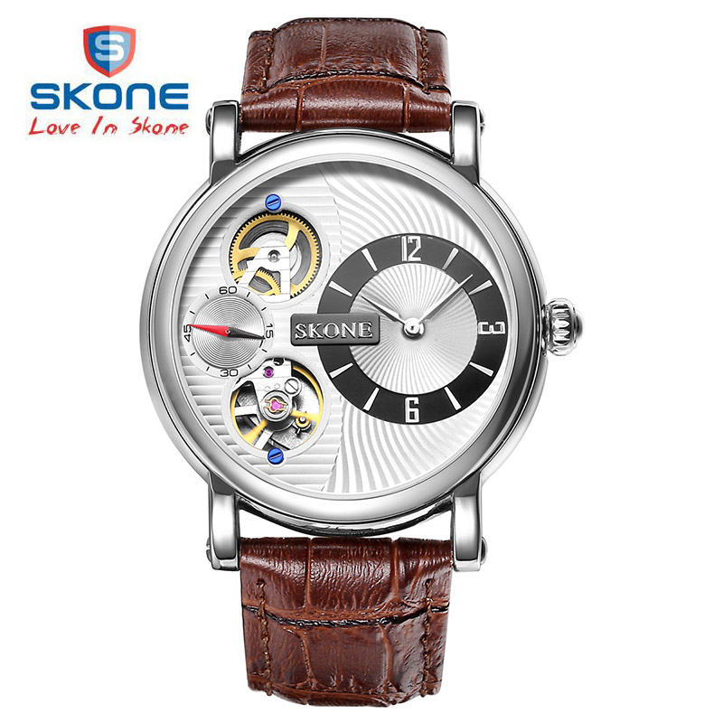 SKONE Dual Movement Automatic Self Wind Mechanical Watches Men Luxury Brand Quartz Watch Leather Wristwatch Relojes Hombre