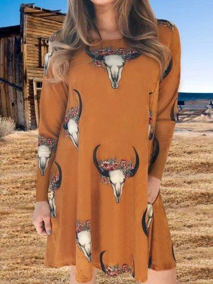 Boho Plus Size Long Sleeve Cow Printed Casual Dresses