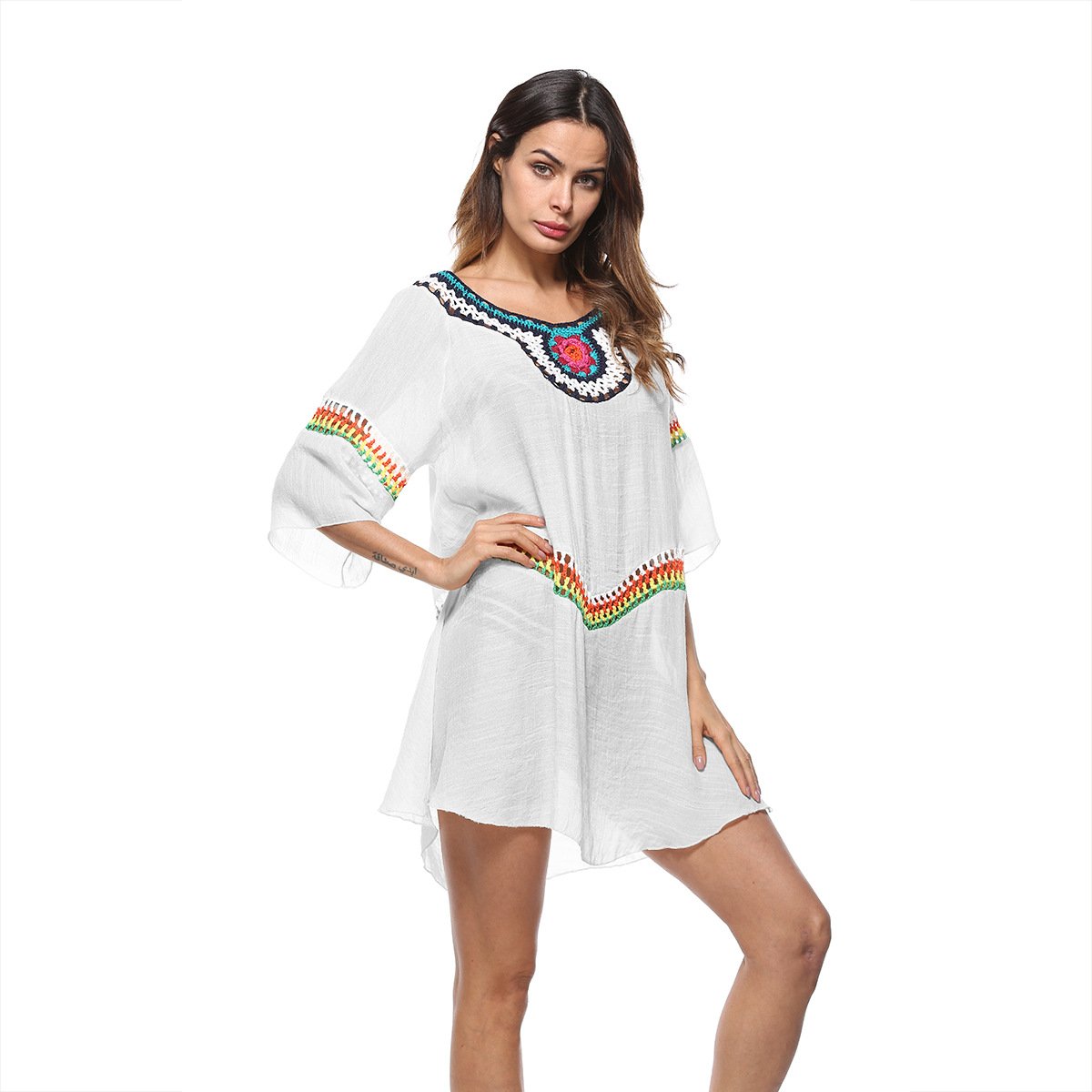 Loose Casual Beach Hollow Out White O Neck Boho Mini Dresses