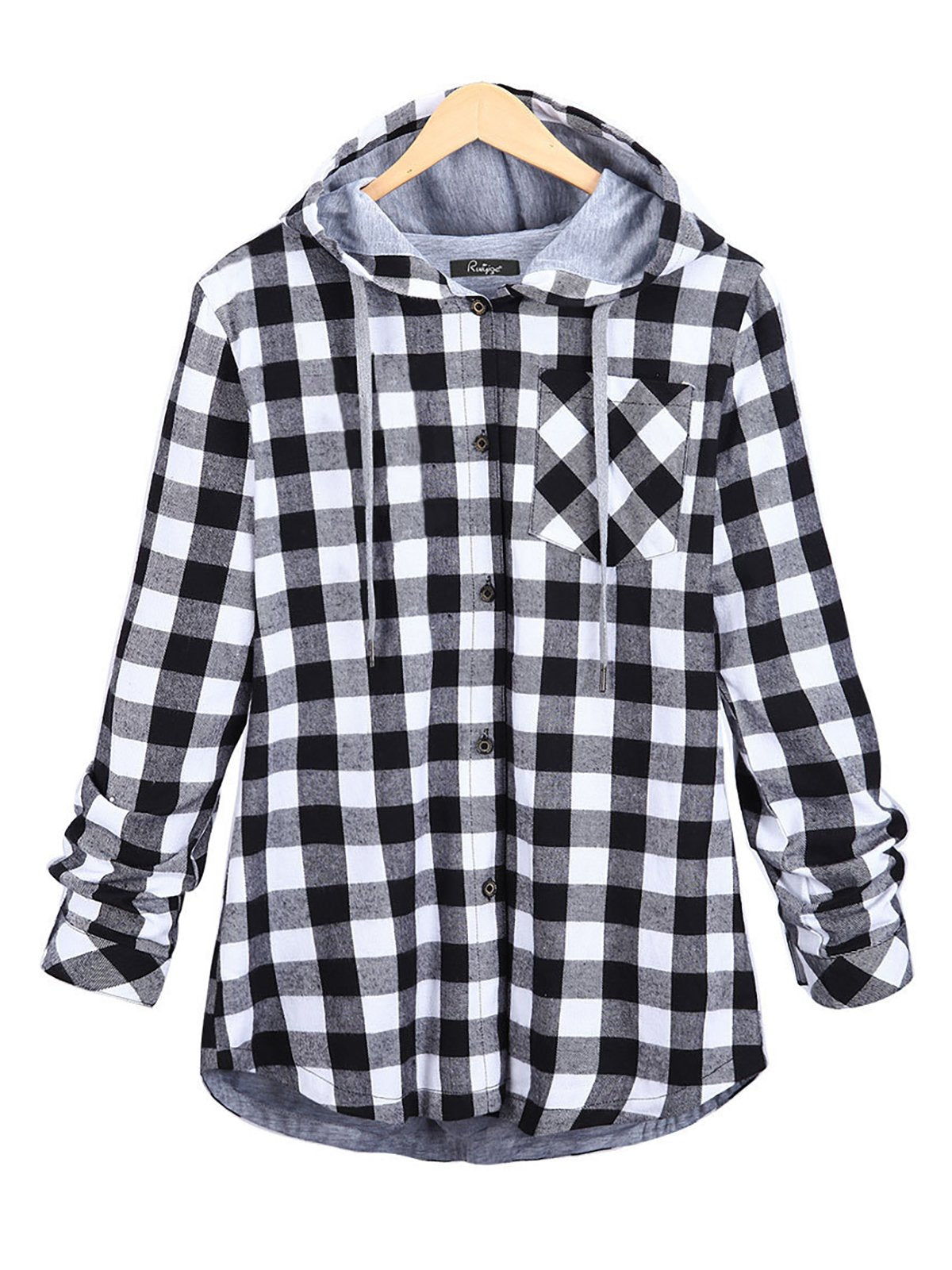 Gingham Checkered Buttoned Casual Open Hoodie Coat