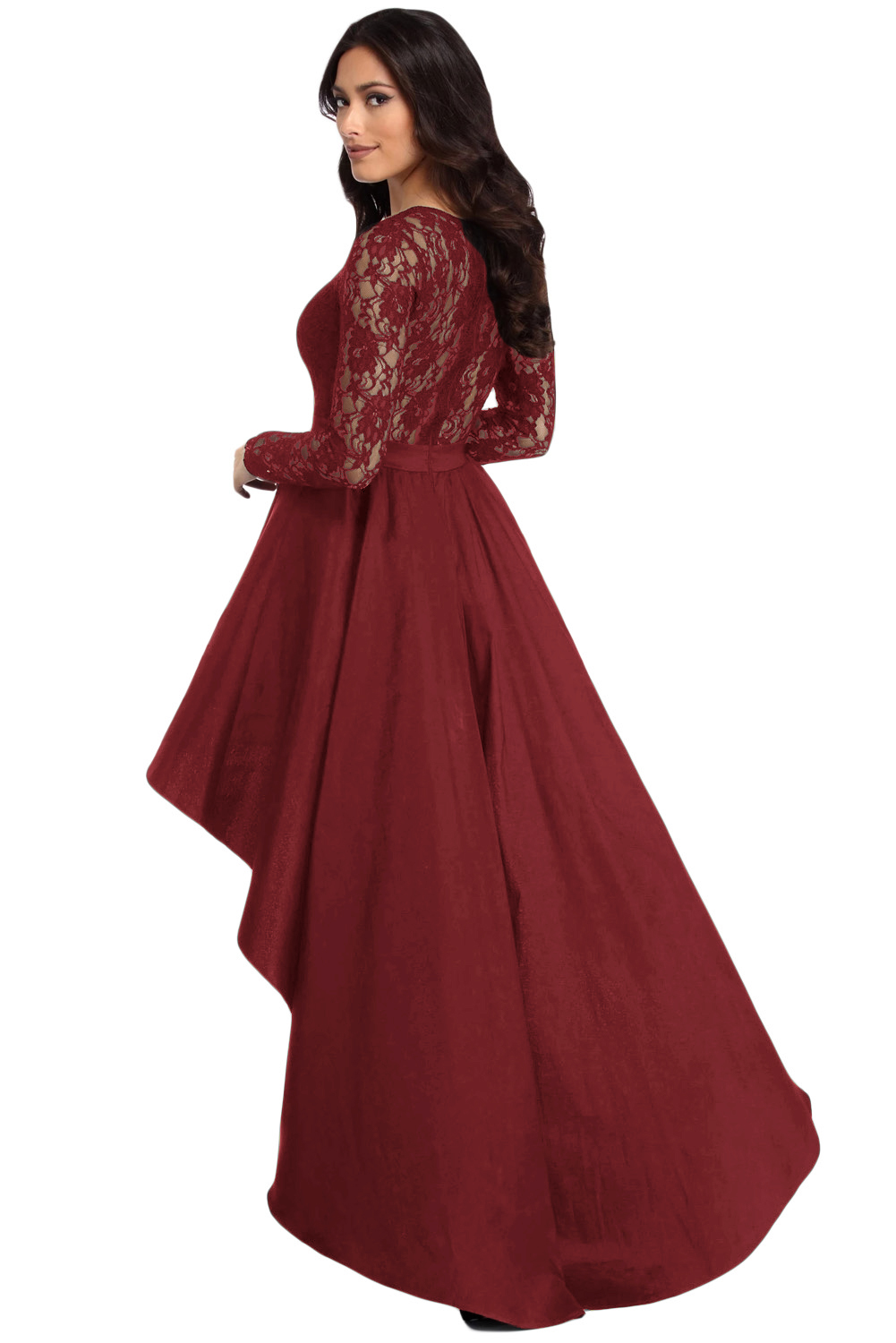 Burgundy Long Sleeve Lace High Low Satin Prom Dress