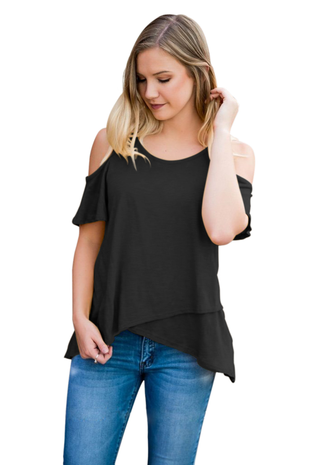 Black Cold Shoulder High Low Top