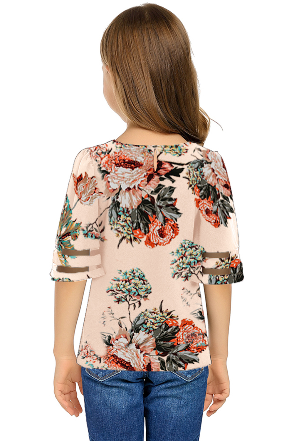 Apricot Girl's 3/4 Bell Sleeve Mesh Panel Blouse