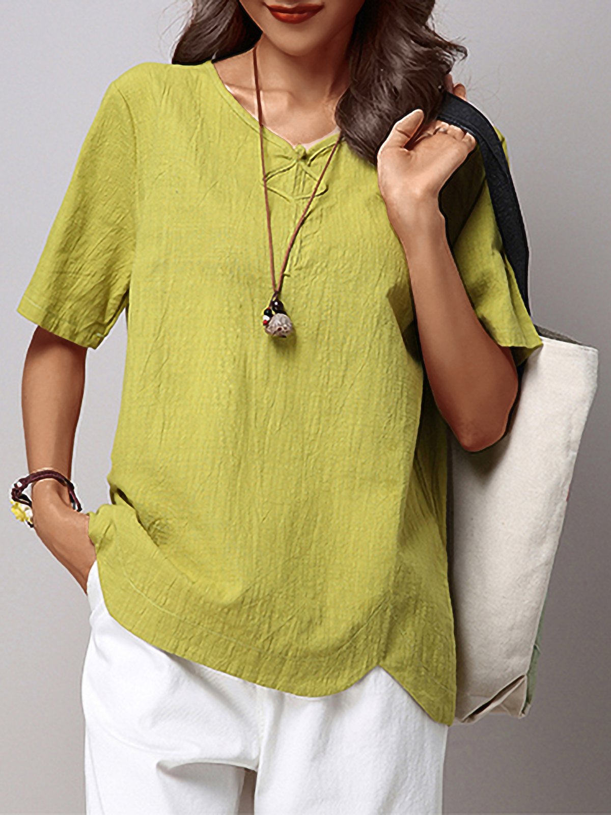 Plus Size Women Short Sleeve V-Neck Solid Casual Tops