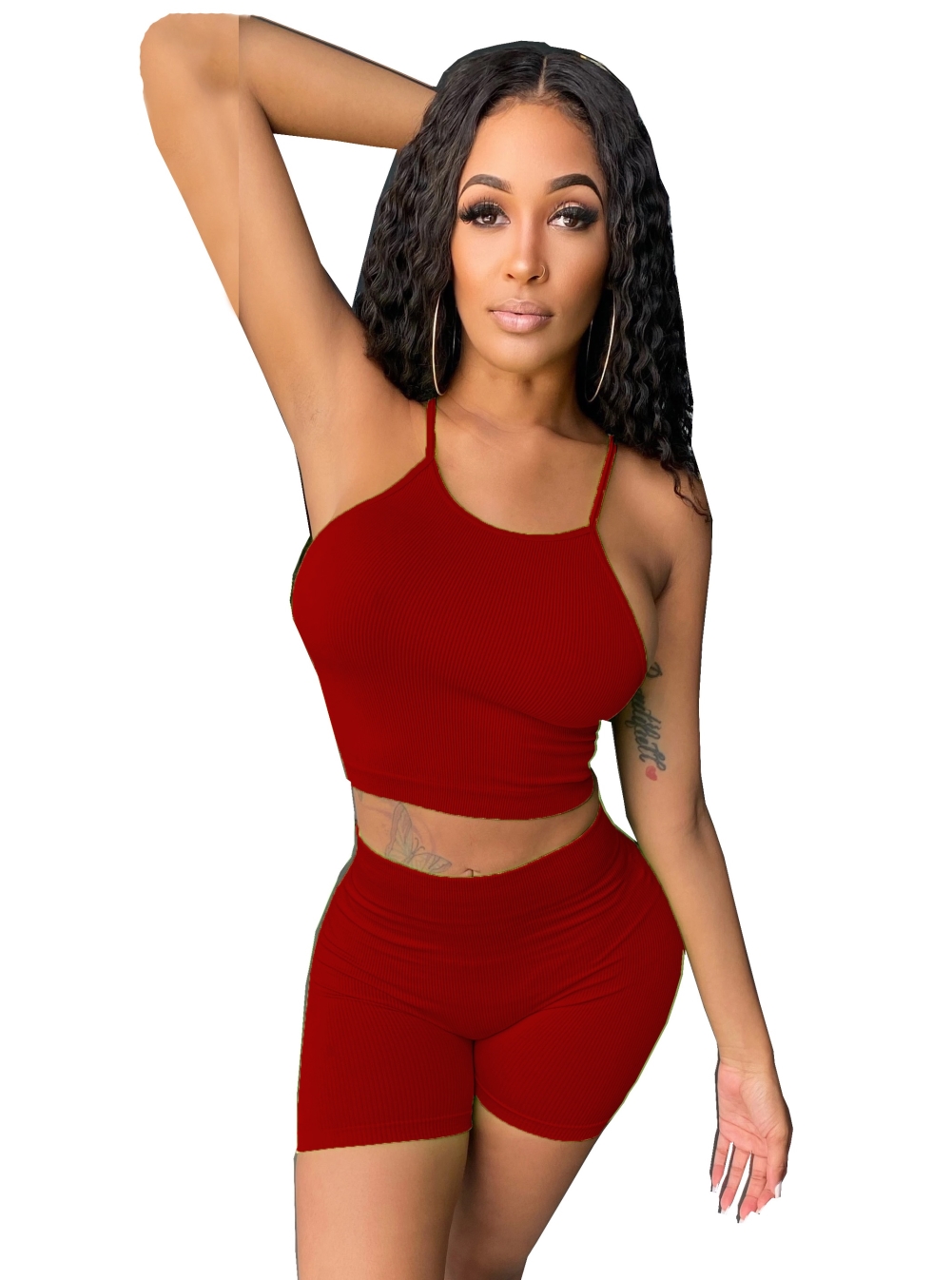 Summer Plain Halter Crop Top and Biker Shorts Set