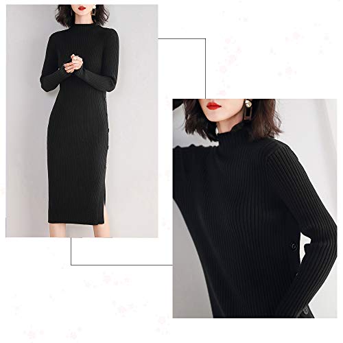 连衣裙 女士 长款 针织 毛衣 修身 紧身 针织连衣裙 毛衣连衣裙 高领 长袖 长款 开叉 打底连衣裙 秋冬 显瘦 优雅