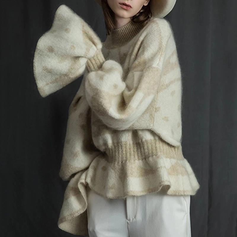 Casual Loose High Collar Long Lantern Sleeves Falbala Hem Sweater