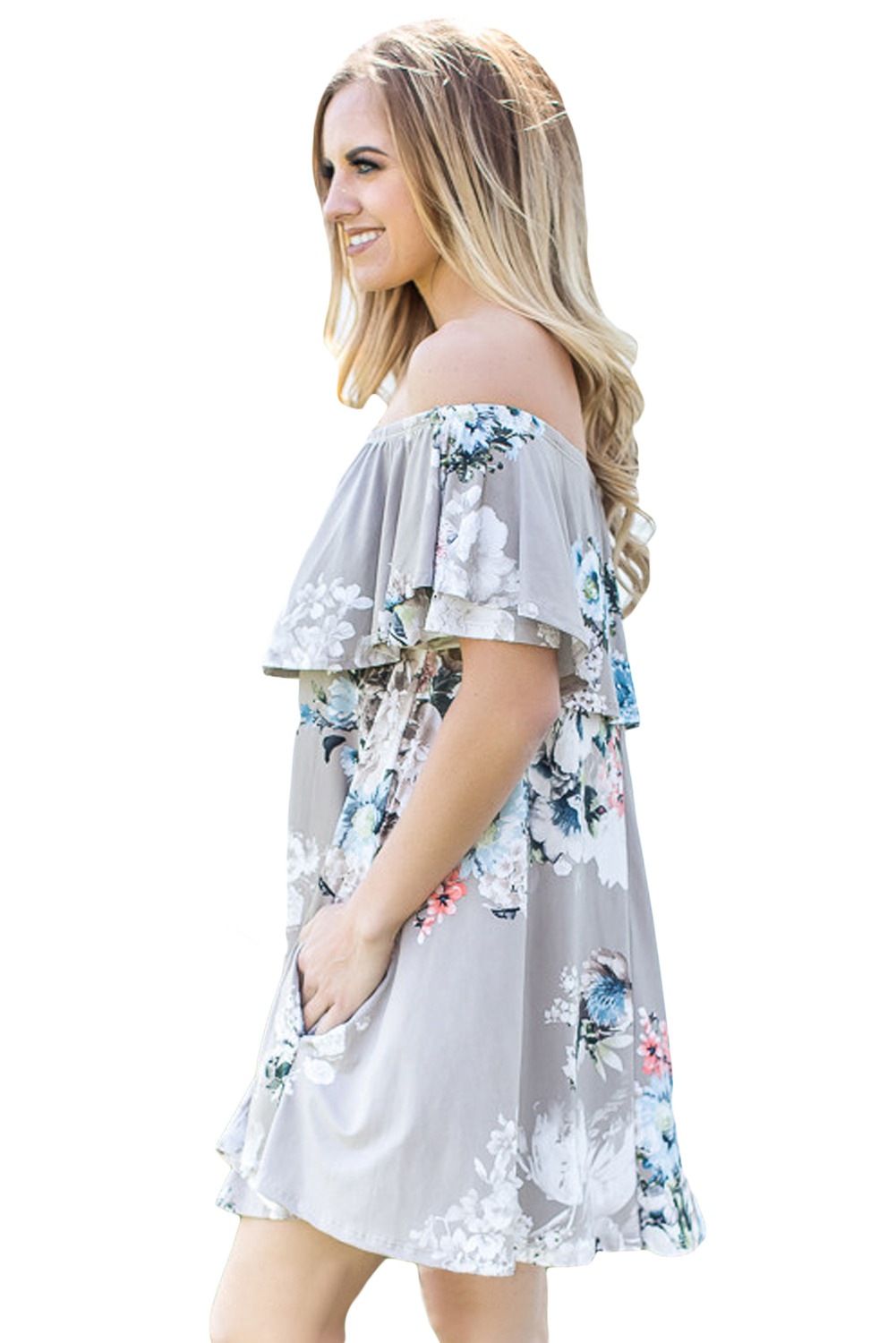 Ruffle Off Shoulder Grey Floral Mini Dress