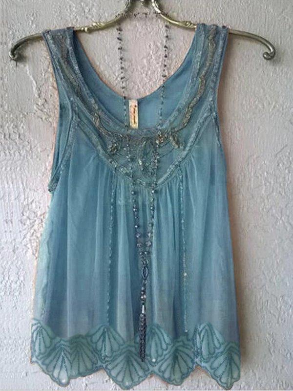 Wide Round Neck Sleeveless Mesh Casual Top