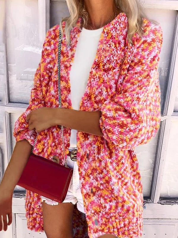 Women's Casual Printed Color Long Sleeve Single-Breasted Loose Cardigan