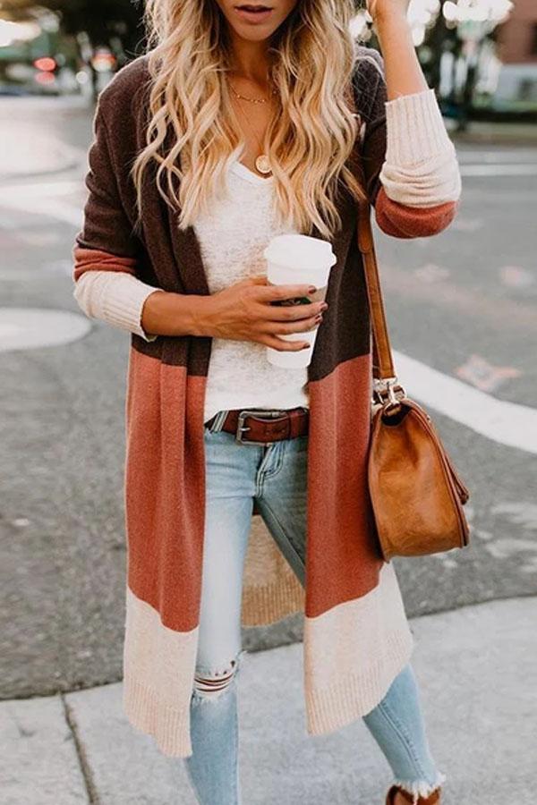 Fashion Color Block Long Sleeve Cardigans