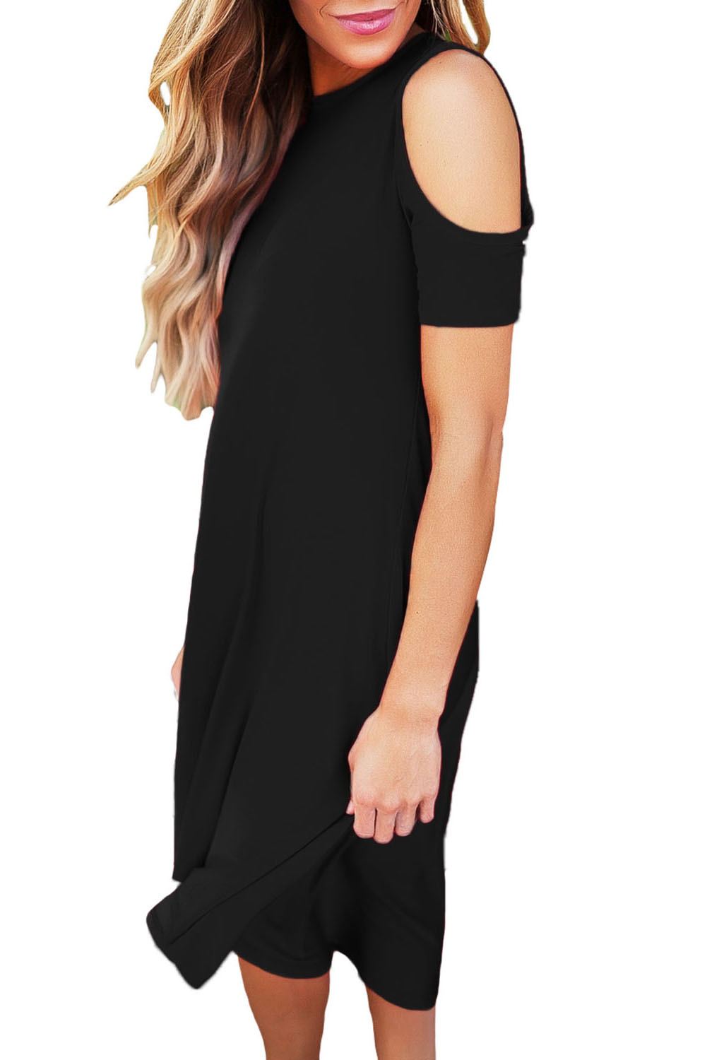 Black Cold Shoulder Short Sleeve High Low Dress