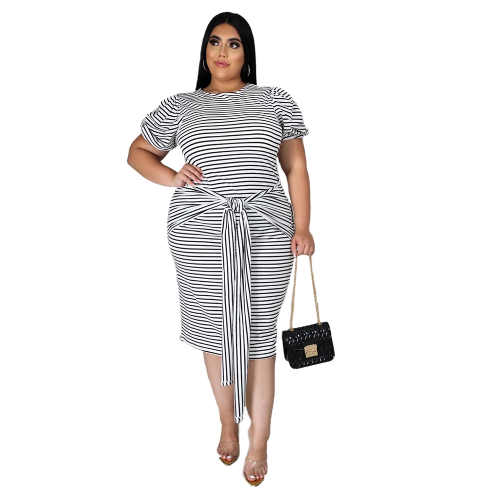 Plus Size Summer Striped Midi Dress with Belt