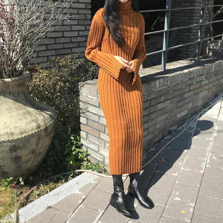 Casual Simple High   Collar Shown Thin Thickening Sweater Knitted Maxi Dress