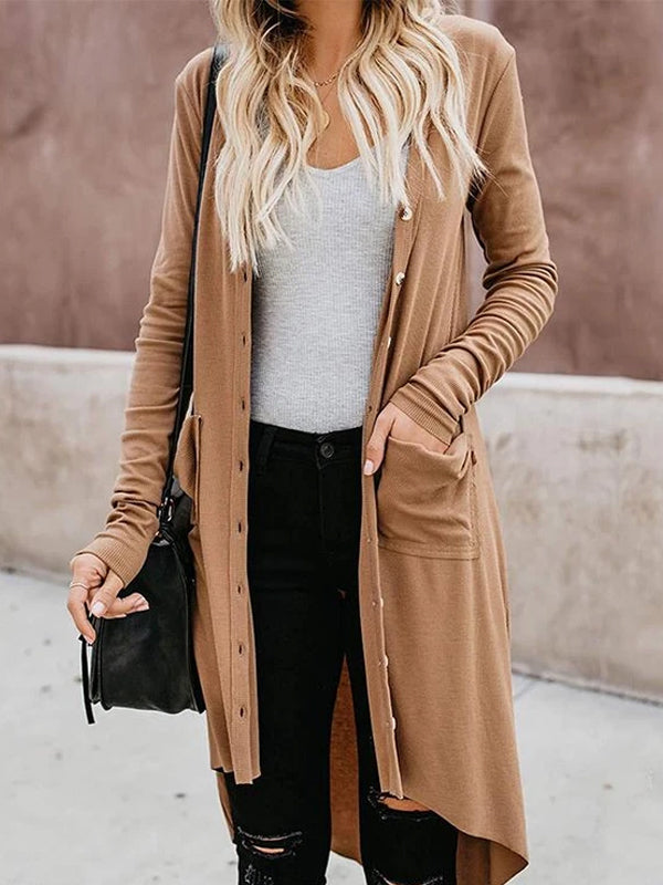 Casual Long Sleeve Pure Color High-Low Cardigan