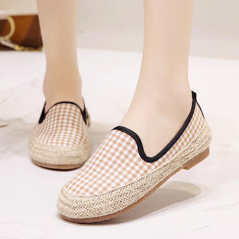 Women Canvas Loafers Casual Slip On Flat Plaid Shoes