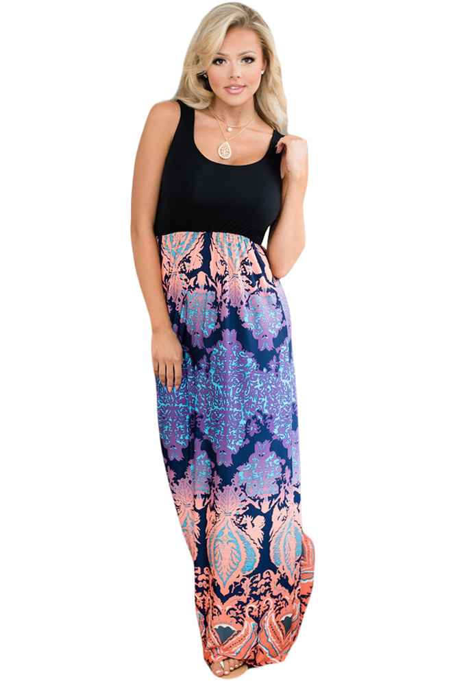 Orange Purple Aqua Print Sleeveless Long Boho Dress
