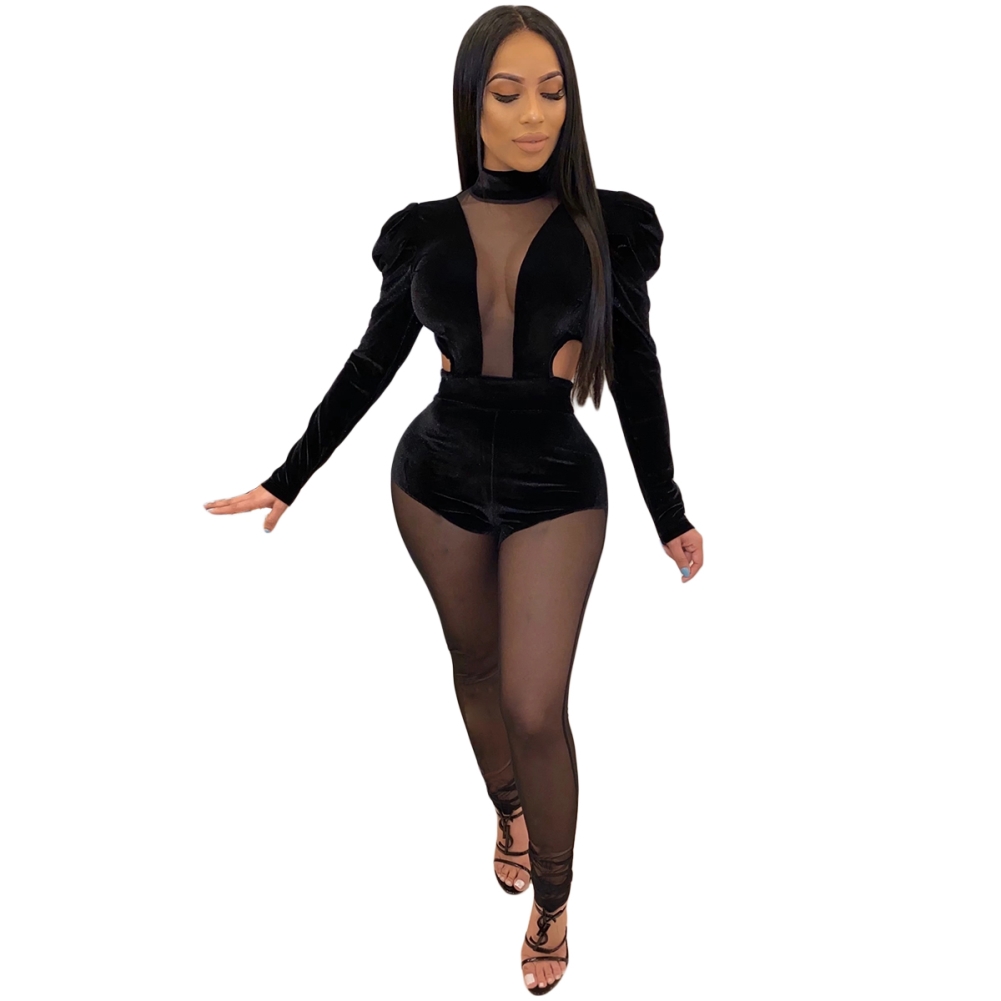 Black Sexy See Through Long Sleeve Bodycon Jumpsuit
