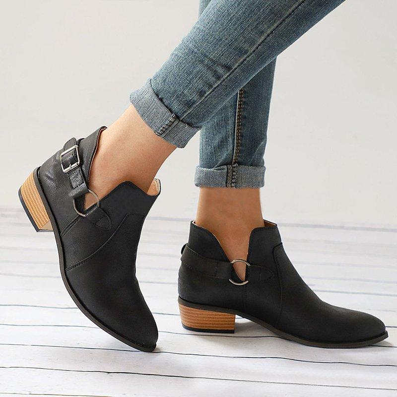 Pointed Toe Buckle Decoration Chunky Heel Short Boots Adjustable Buckle Plus Size Shoes
